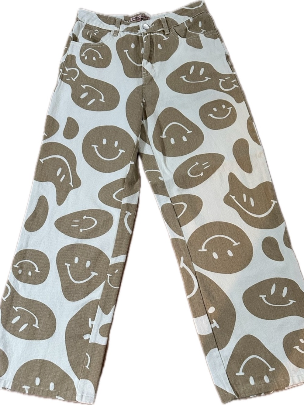 Playful Smiley Wide Leg Pants in White & Tan